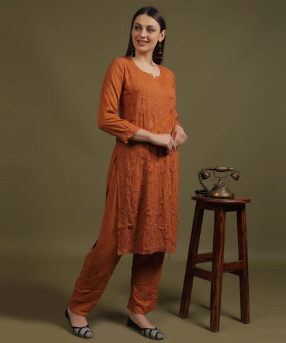 RUMI Rust Rayon Full Jaal Work Palazzo Set