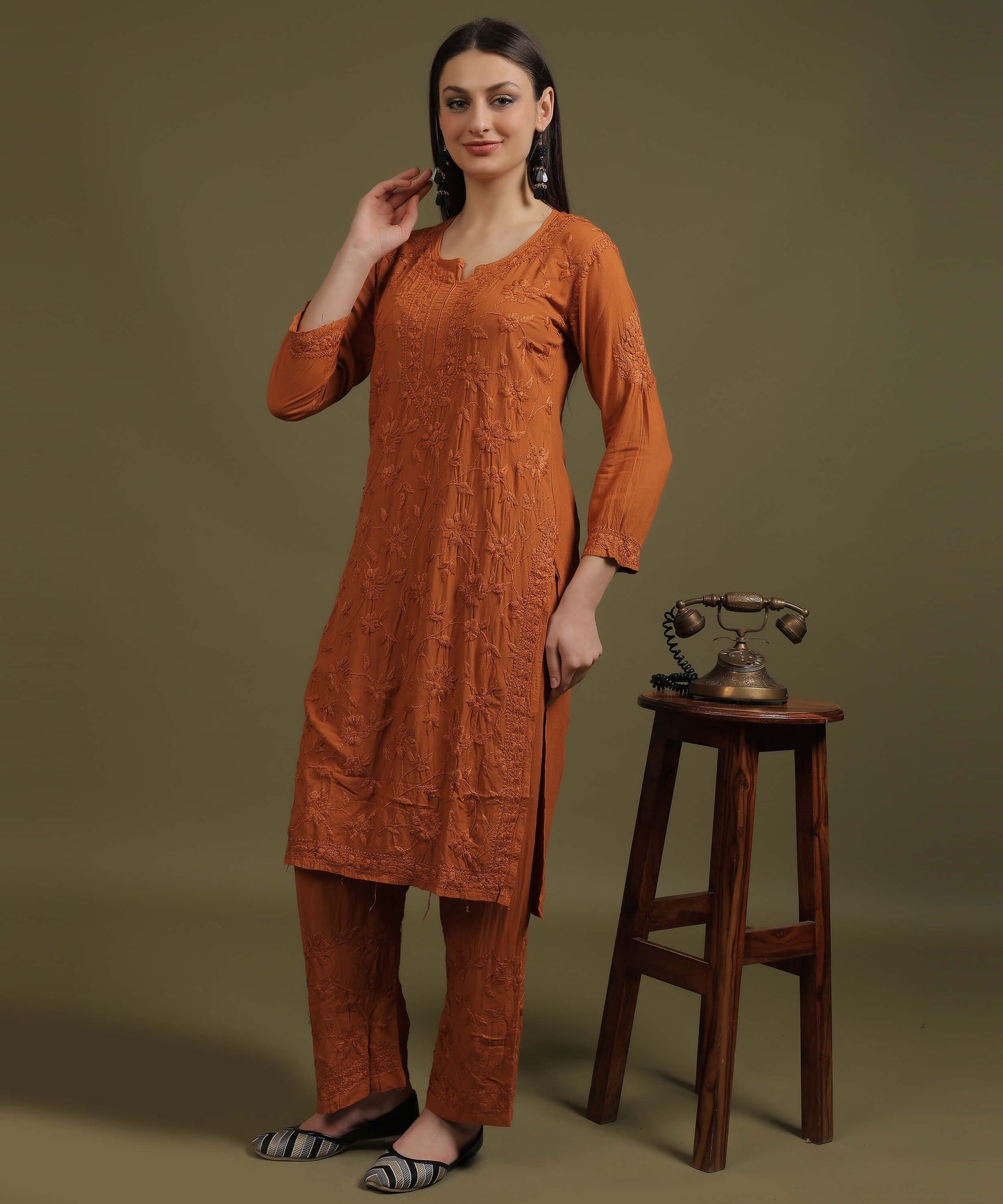 RUMI Rust Rayon Full Jaal Work Palazzo Set