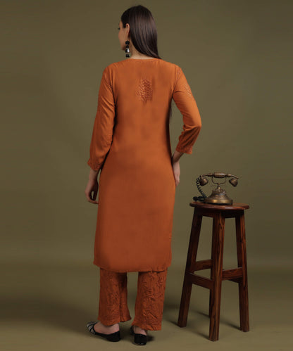 RUMI Rust Rayon Full Jaal Work Palazzo Set