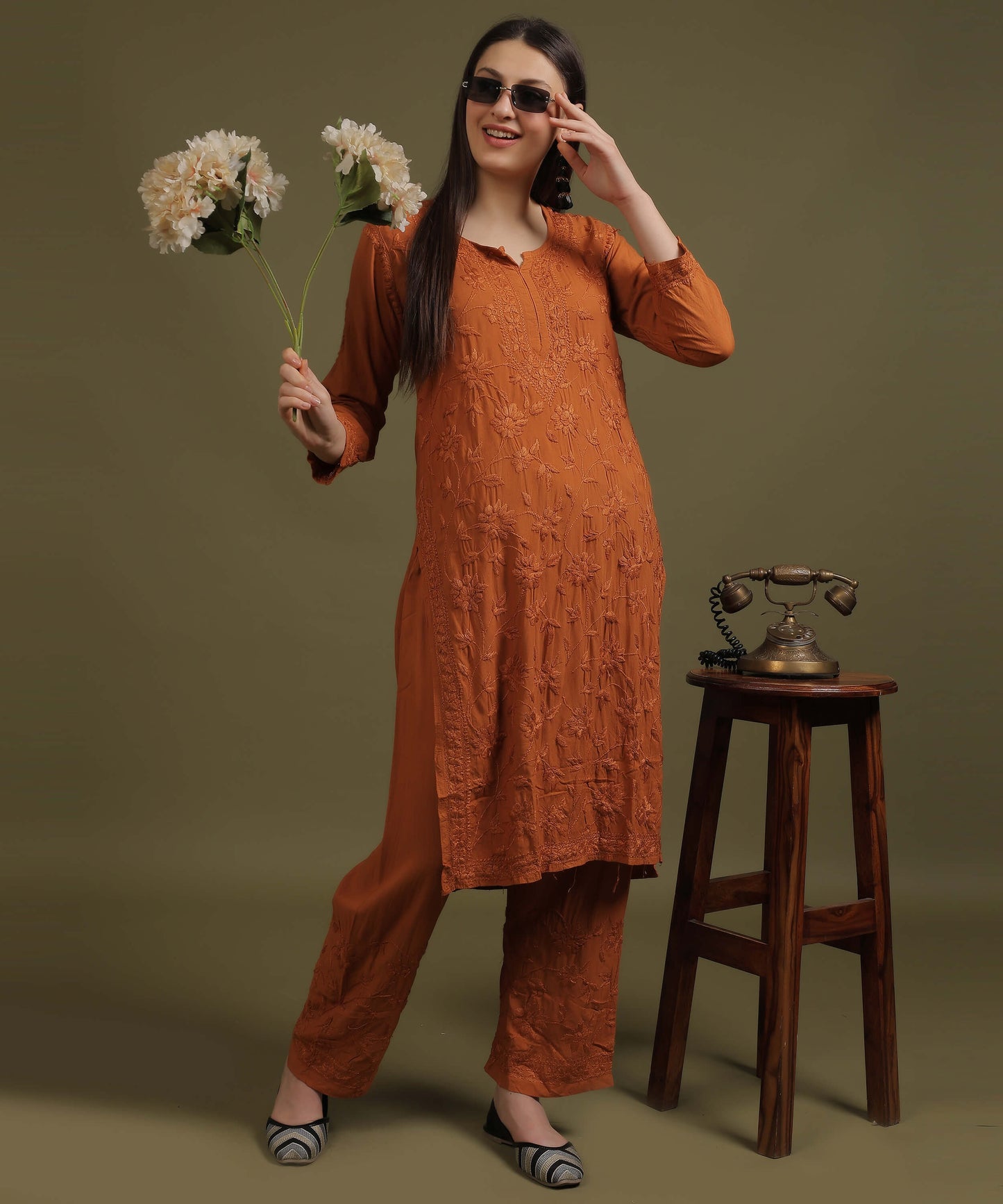 RUMI Rust Rayon Full Jaal Work Palazzo Set