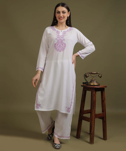 NEA Chikankari White Neckwork Rayon Palazzo Set With Levender Embroidery