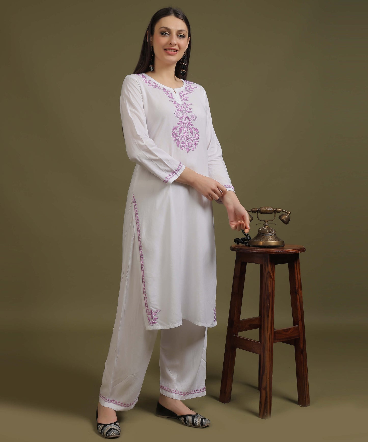 NEA Chikankari White Neckwork Rayon Palazzo Set With Levender Embroidery