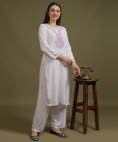 NEA Chikankari White Neckwork Rayon Palazzo Set With Levender Embroidery