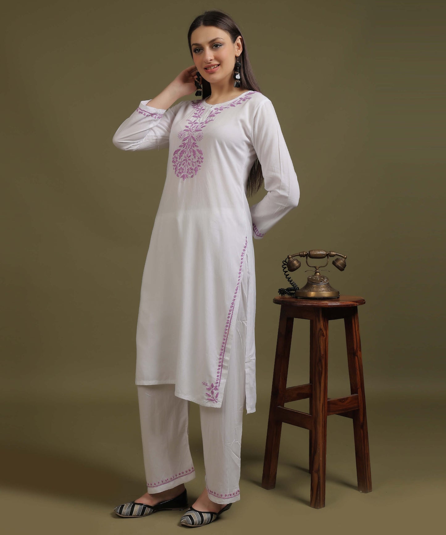 NEA Chikankari White Neckwork Rayon Palazzo Set With Levender Embroidery