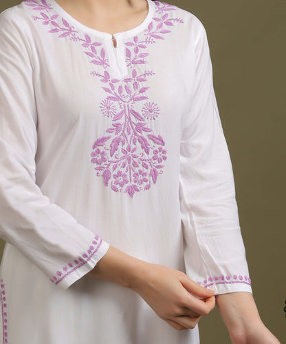 NEA Chikankari White Neckwork Rayon Palazzo Set With Levender Embroidery