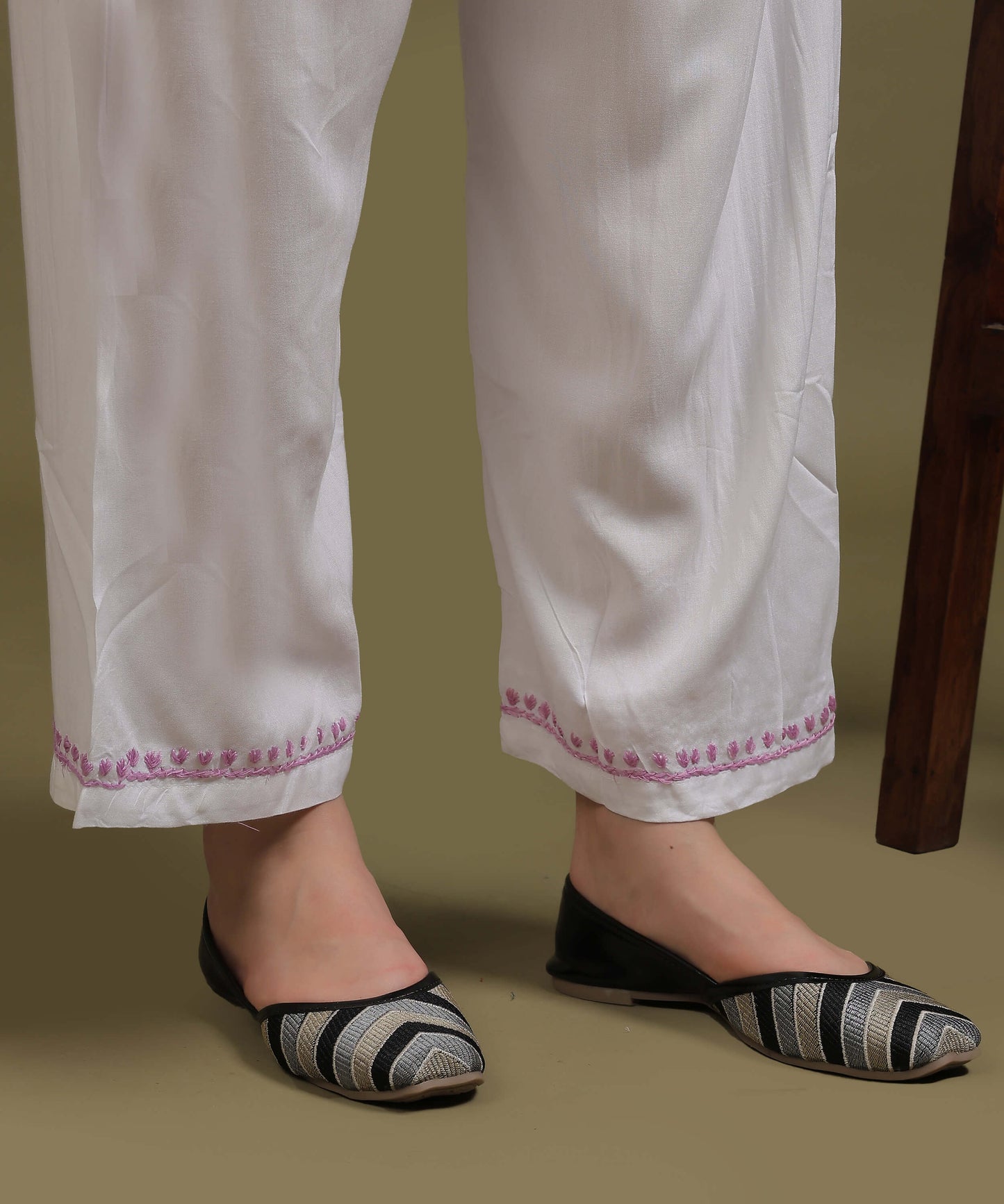NEA Chikankari White Neckwork Rayon Palazzo Set With Levender Embroidery