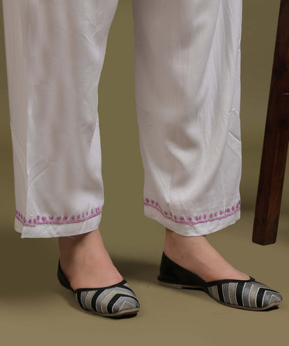 NEA Chikankari White Neckwork Rayon Palazzo Set With Levender Embroidery