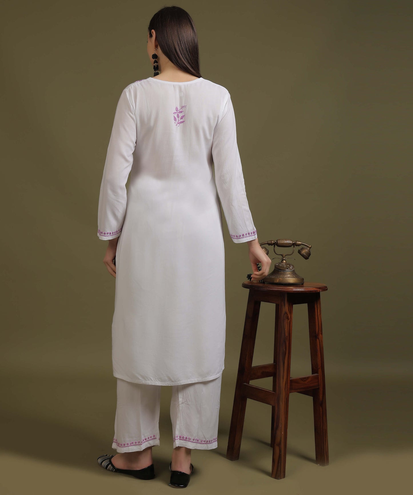 NEA Chikankari White Neckwork Rayon Palazzo Set With Levender Embroidery