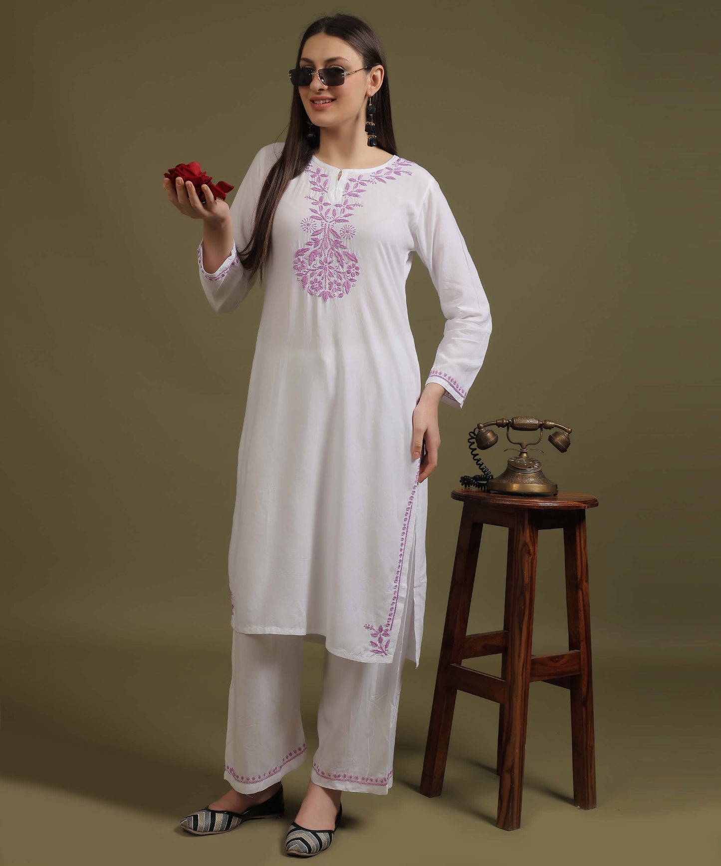 NEA Chikankari White Neckwork Rayon Palazzo Set With Levender Embroidery