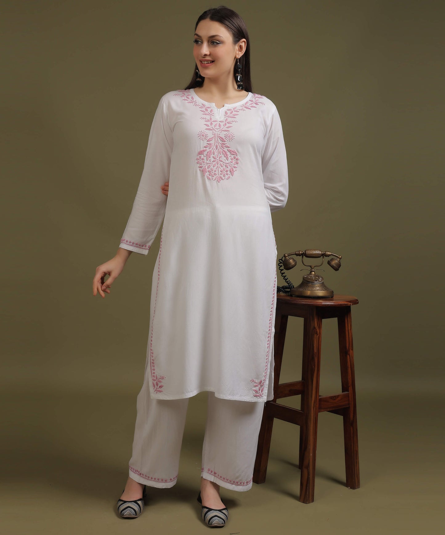 NEA Chikankari White Neckwork Rayon Palazzo Set With Baby Pink Embroidery
