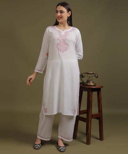 NEA Chikankari White Neckwork Rayon Palazzo Set With Baby Pink Embroidery