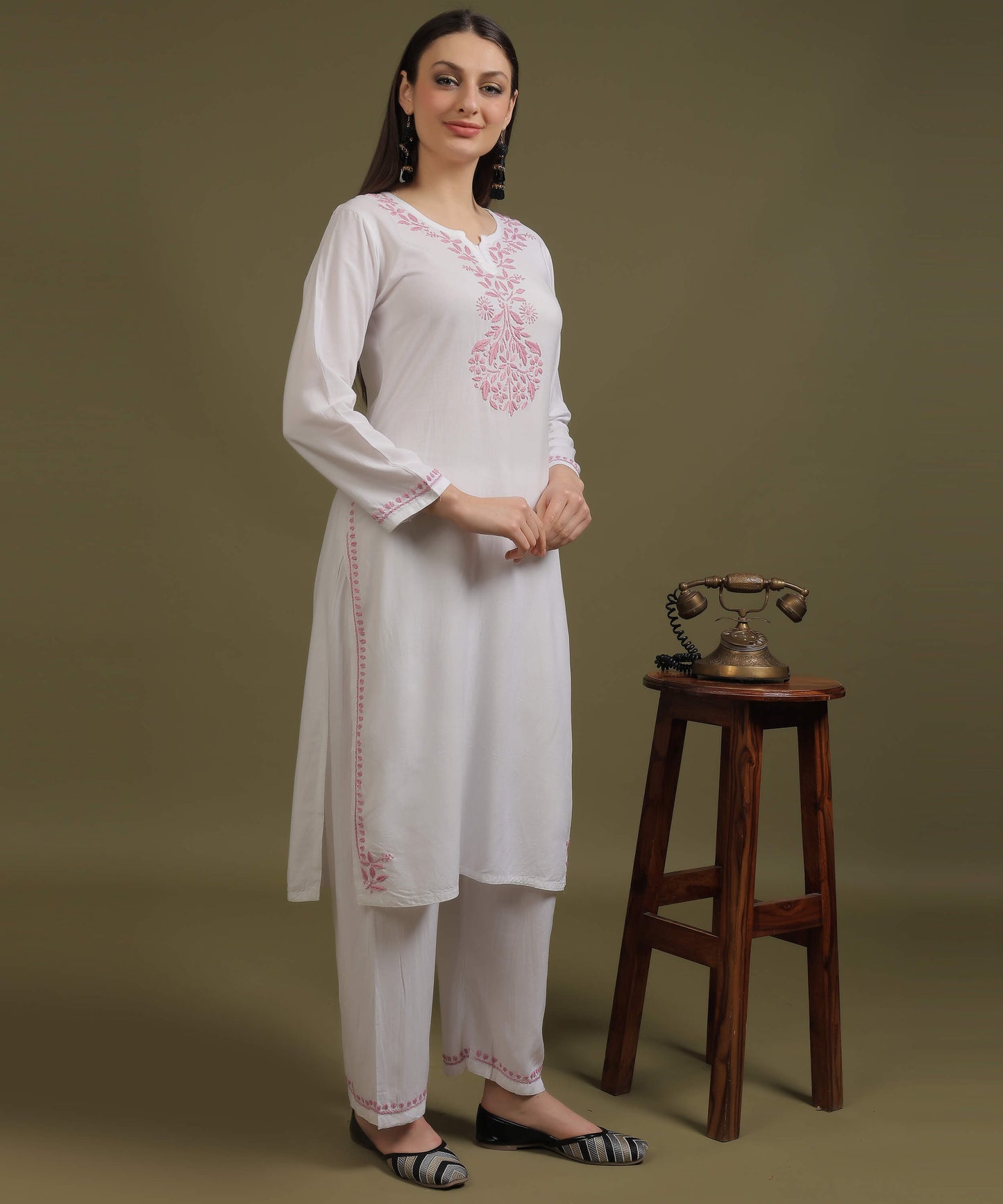 NEA Chikankari White Neckwork Rayon Palazzo Set With Baby Pink Embroidery
