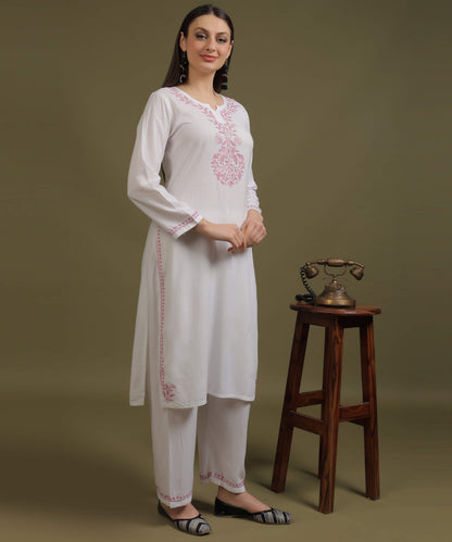 NEA Chikankari White Neckwork Rayon Palazzo Set With Baby Pink Embroidery