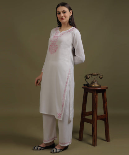 NEA Chikankari White Neckwork Rayon Palazzo Set With Baby Pink Embroidery