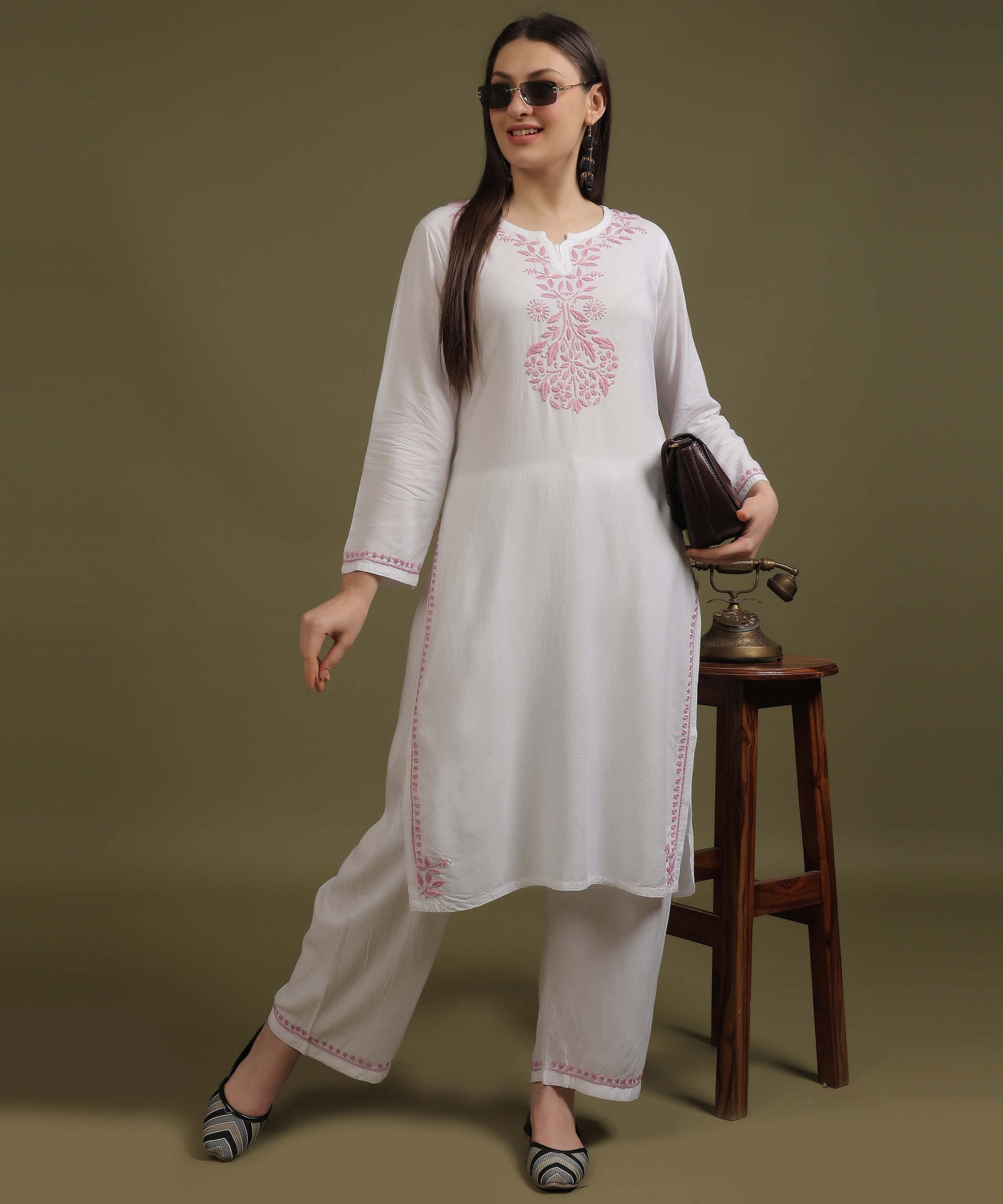 NEA Chikankari White Neckwork Rayon Palazzo Set With Baby Pink Embroidery