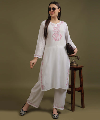 NEA Chikankari White Neckwork Rayon Palazzo Set With Baby Pink Embroidery
