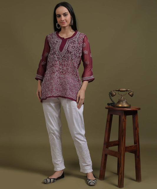NEA Chikankari Wine Georgette Short Kurti With White Embroidery