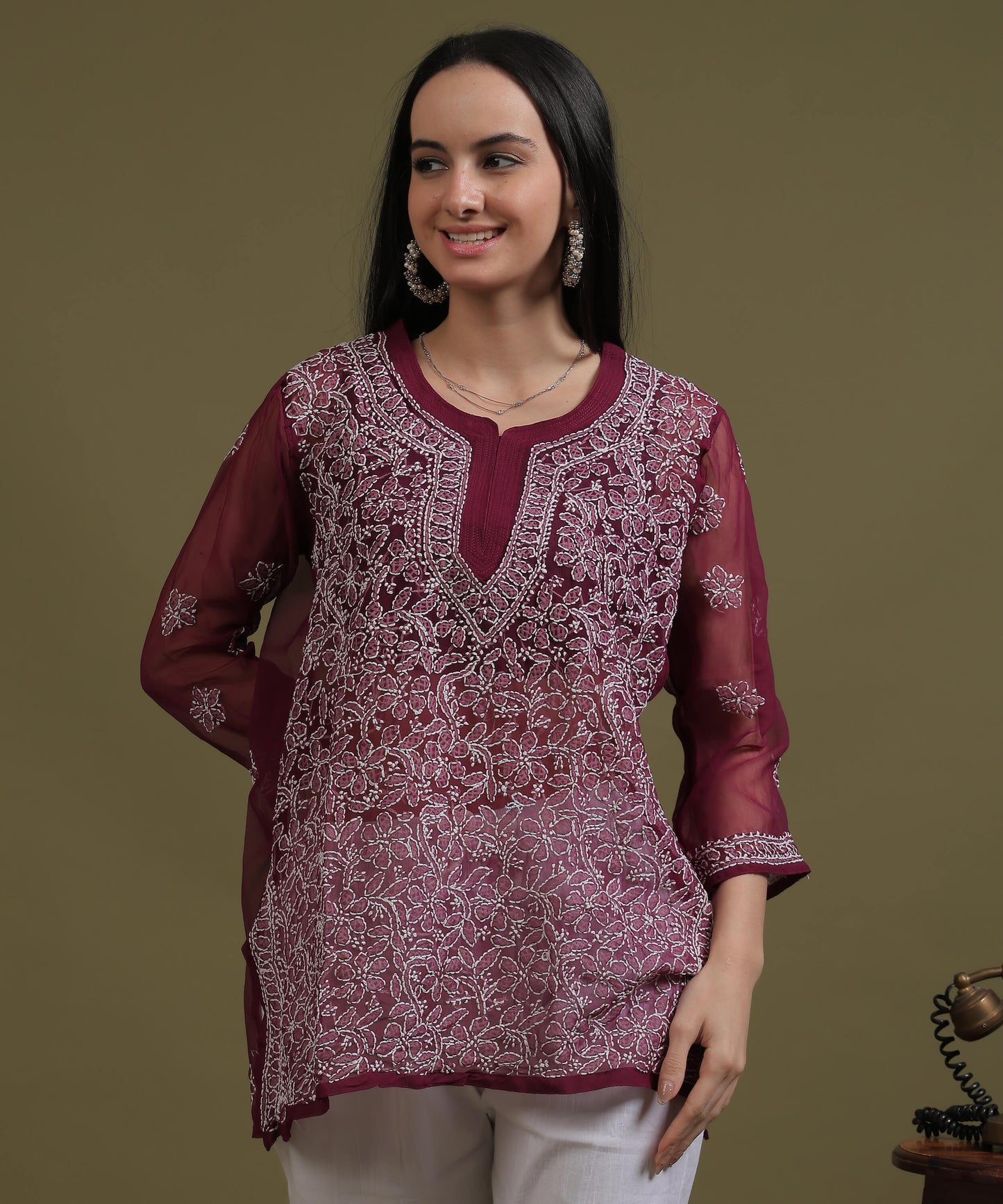 NEA Chikankari Wine Georgette Short Kurti With White Embroidery