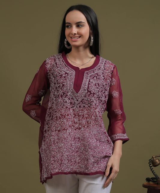 NEA Chikankari Wine Georgette Short Kurti With White Embroidery