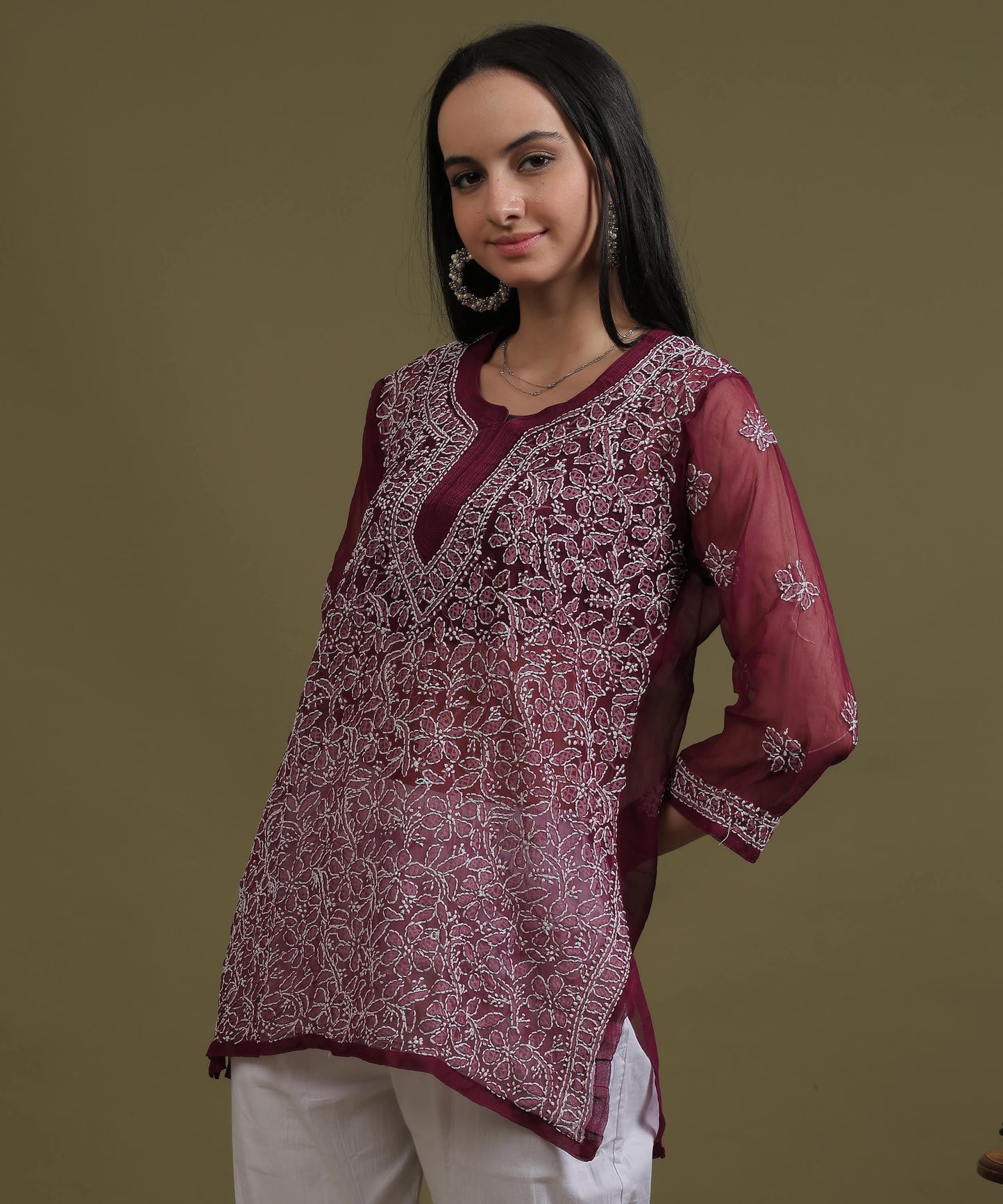 NEA Chikankari Wine Georgette Short Kurti With White Embroidery
