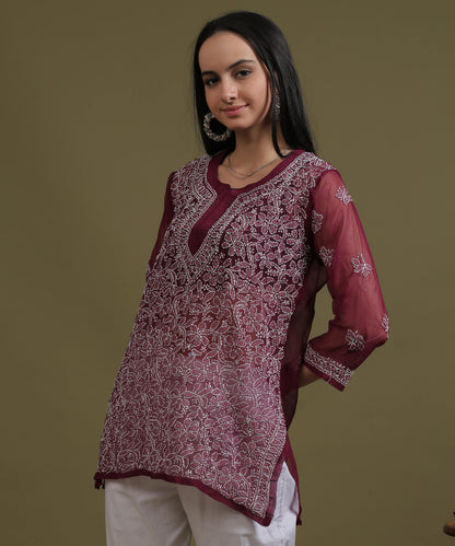 NEA Chikankari Wine Georgette Short Kurti With White Embroidery