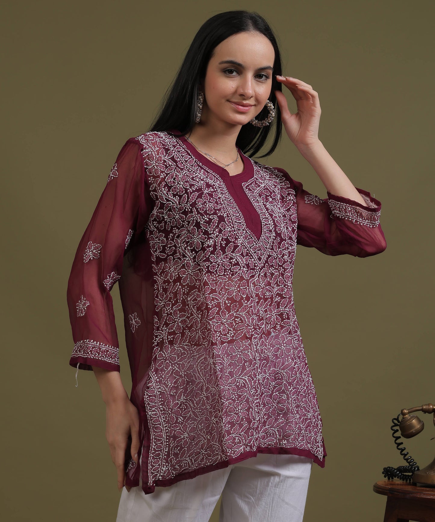 NEA Chikankari Wine Georgette Short Kurti With White Embroidery