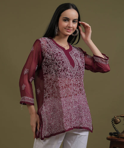 NEA Chikankari Wine Georgette Short Kurti With White Embroidery