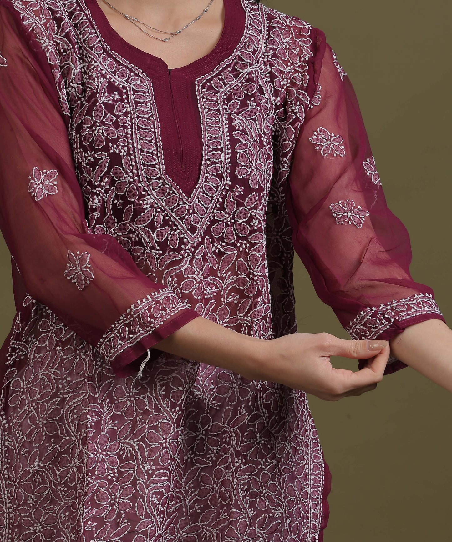 NEA Chikankari Wine Georgette Short Kurti With White Embroidery