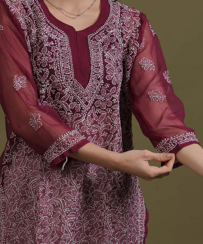 NEA Chikankari Wine Georgette Short Kurti With White Embroidery