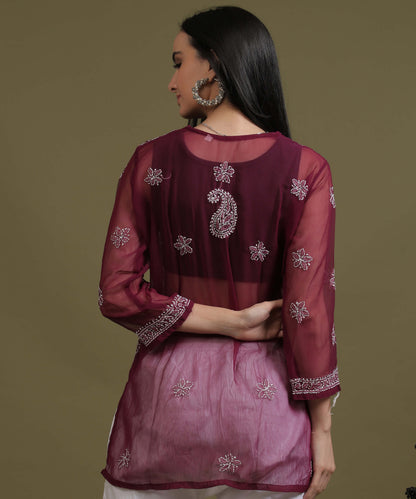 NEA Chikankari Wine Georgette Short Kurti With White Embroidery