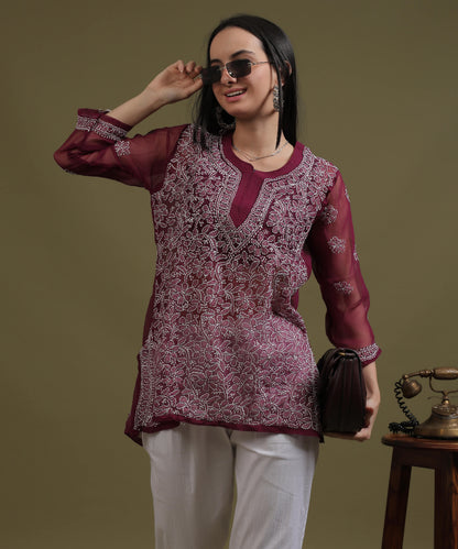 NEA Chikankari Wine Georgette Short Kurti With White Embroidery