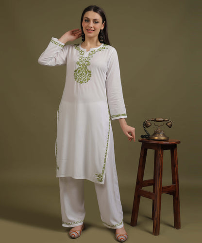 NEA Chikankari White Neckwork Rayon Palazzo Set With Green Embroidery