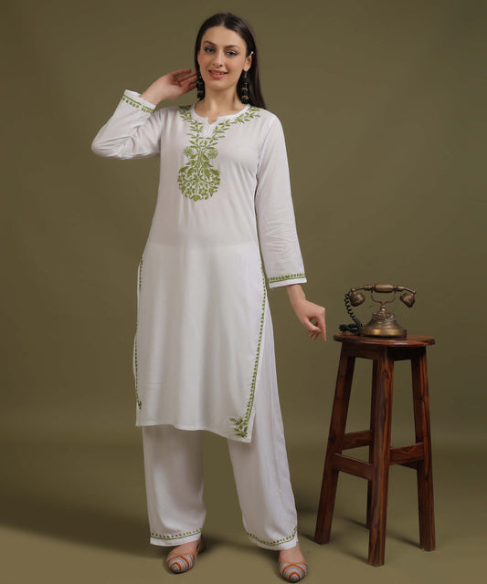 NEA Chikankari White Neckwork Rayon Palazzo Set With Green Embroidery