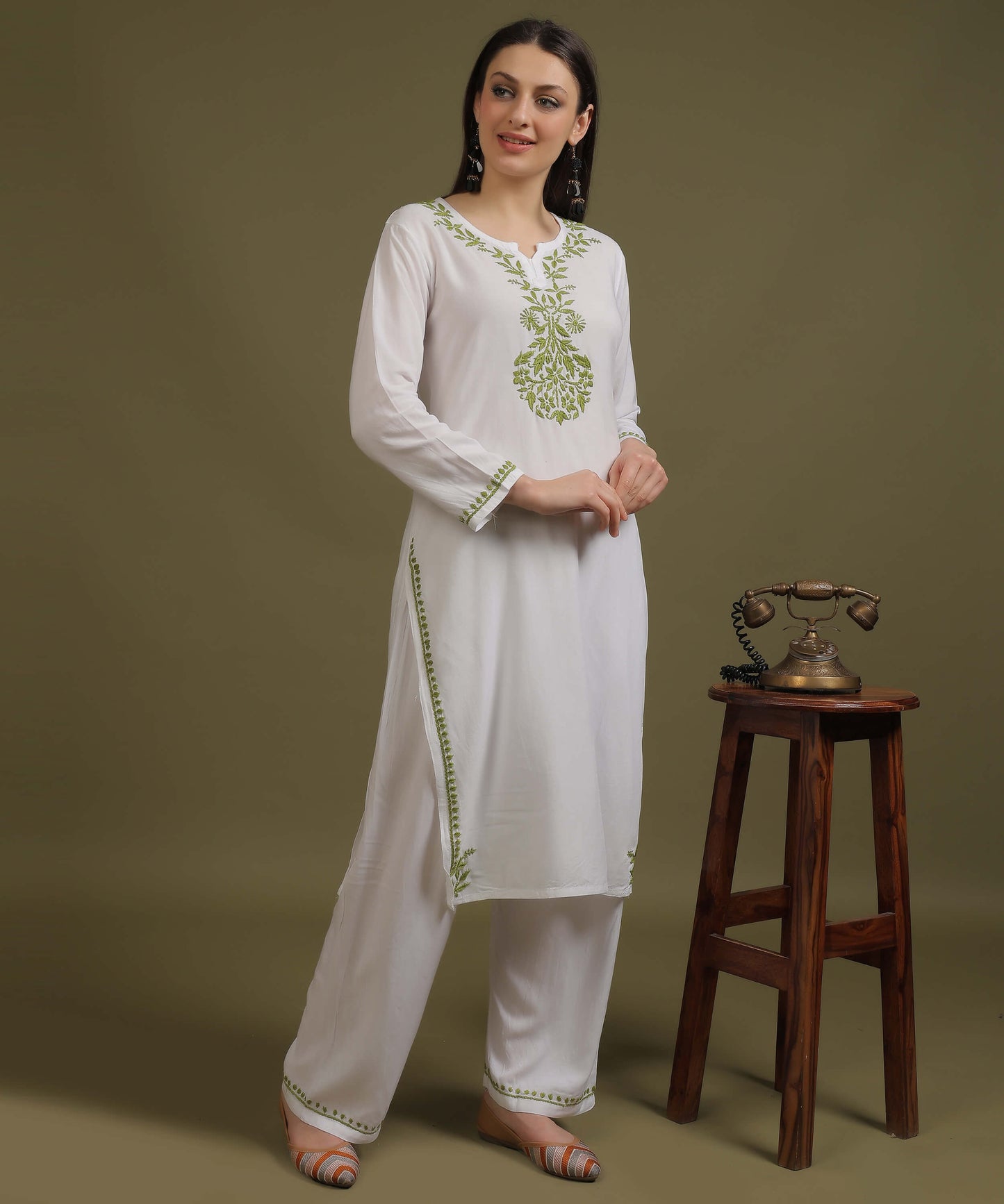 NEA Chikankari White Neckwork Rayon Palazzo Set With Green Embroidery