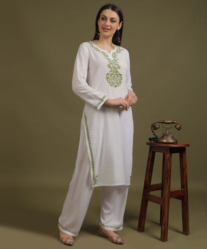 NEA Chikankari White Neckwork Rayon Palazzo Set With Green Embroidery