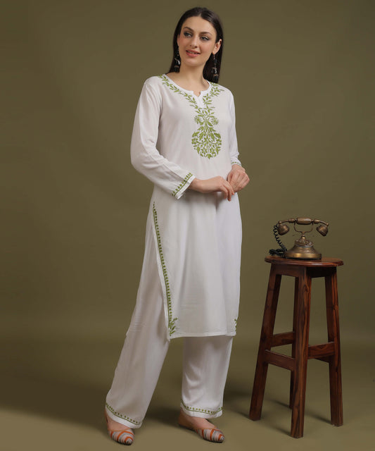 NEA Chikankari White Neckwork Rayon Palazzo Set With Green Embroidery