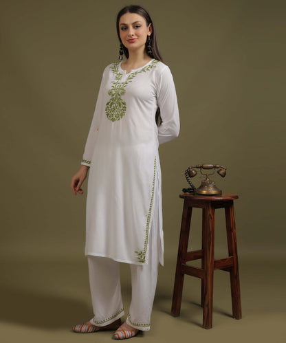 NEA Chikankari White Neckwork Rayon Palazzo Set With Green Embroidery
