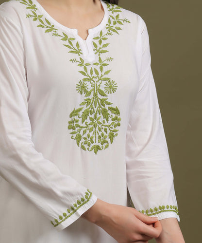 NEA Chikankari White Neckwork Rayon Palazzo Set With Green Embroidery