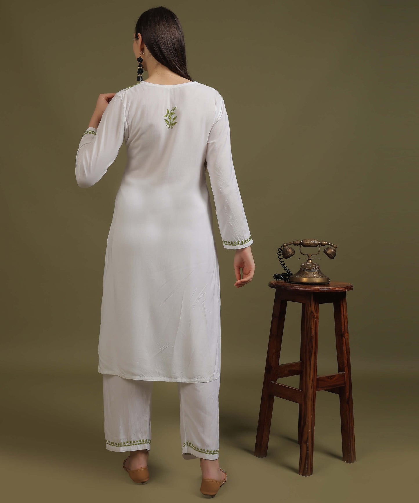NEA Chikankari White Neckwork Rayon Palazzo Set With Green Embroidery