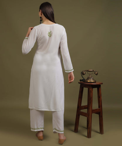 NEA Chikankari White Neckwork Rayon Palazzo Set With Green Embroidery