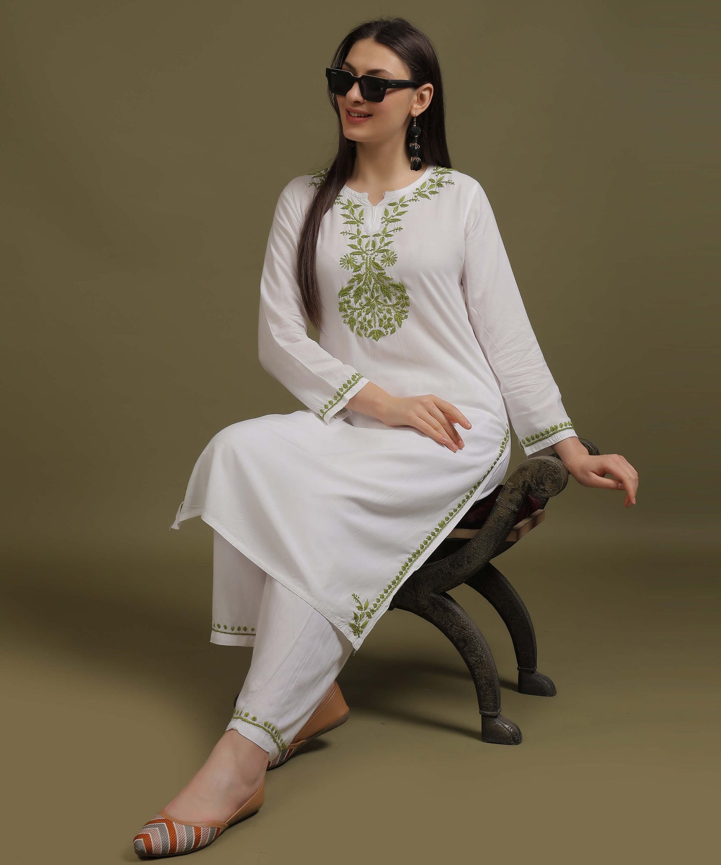NEA Chikankari White Neckwork Rayon Palazzo Set With Green Embroidery