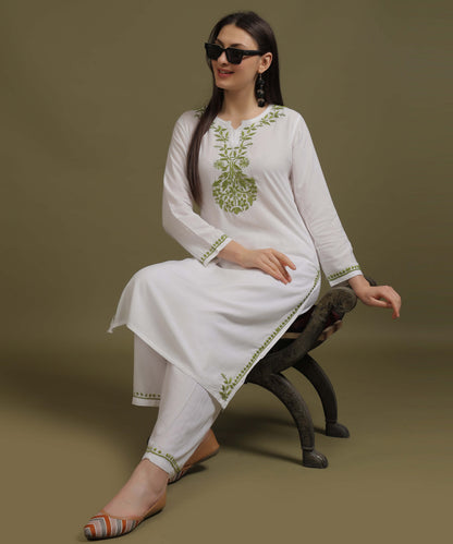 NEA Chikankari White Neckwork Rayon Palazzo Set With Green Embroidery