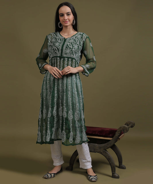 NEA Chikankari Bottle Green Georgette A-line Anarkali Gown With White Embroidery