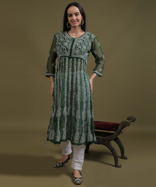NEA Chikankari Bottle Green Georgette A-line Anarkali Gown With White Embroidery
