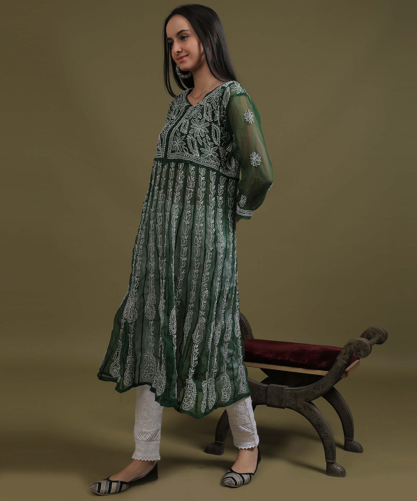 NEA Chikankari Bottle Green Georgette A-line Anarkali Gown With White Embroidery