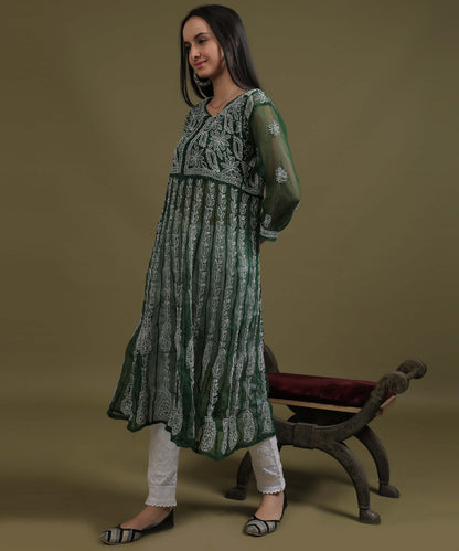 NEA Chikankari Bottle Green Georgette A-line Anarkali Gown With White Embroidery