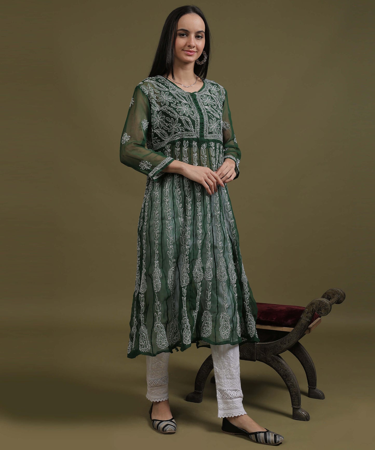 NEA Chikankari Bottle Green Georgette A-line Anarkali Gown With White Embroidery