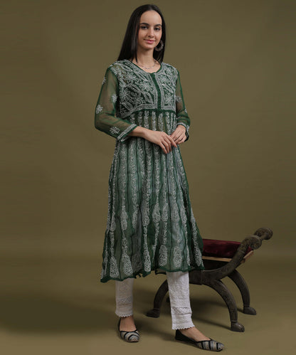 NEA Chikankari Bottle Green Georgette A-line Anarkali Gown With White Embroidery