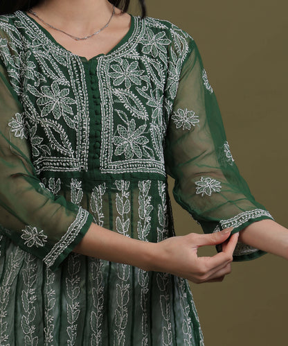 NEA Chikankari Bottle Green Georgette A-line Anarkali Gown With White Embroidery