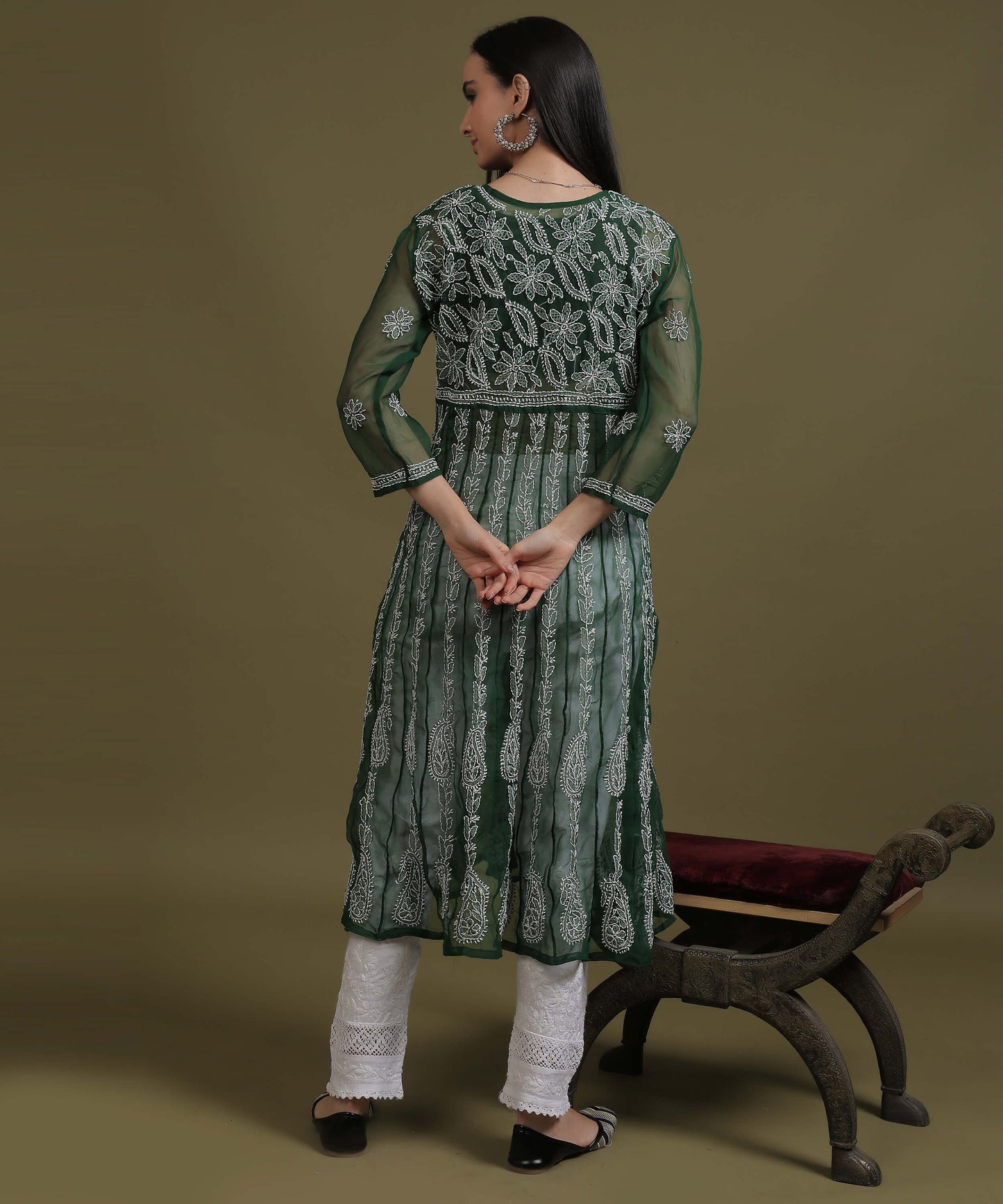 NEA Chikankari Bottle Green Georgette A-line Anarkali Gown With White Embroidery